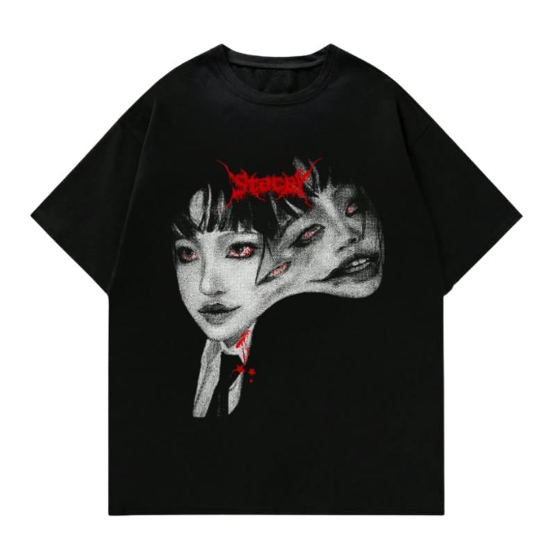 Y2K Horror Aesthetic T-Shirt - Dark Gothic Multi-Face Psychedelic Tee, Retro Pixel Dream Tee - 2000s Nostalgia, Digital Art Print, Unisex Tshirt